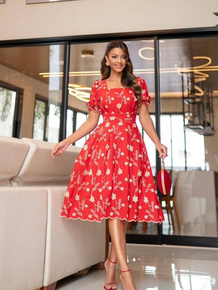 Elegant Luxury Short Dress With 3D Embroidery, Short Sleeves, And Cotton Design. - Red - View 1