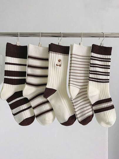 5双装条纹小熊图案中筒袜，可爱休闲，百搭女士中筒袜