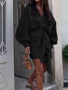 Đầm thanh lịch kiểu cung đình, cạp cao, buộc dây, cổ chữ V, xẻ tà, tay phồng, màu trơn dành cho nữ, thích hợp cho ngày Valentine, đám cưới, kỳ nghỉ, phong cách thành thị sang trọng, màu đen. - màu đen - Xem 3