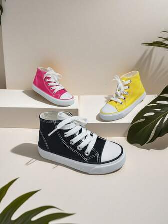 Mid-Top Lace-Up Children's Canvas Shoes, Solid Black Color Student Shoes, Breathable Non-Slip Girls Casual Outdoor Shoes, Boys Sports Shoes