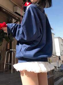 女士休闲藏蓝色针织开衫，长袖，开襟，纽扣闭合，侧边条纹，常规长度休闲外套 - 藍色 - 查看 4