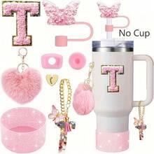 8 Stück Zubehör für 40oz & 30oz Becher, inklusive Strohhalm-Deckel, auslaufsicherer Silikonverschluss, Silikonmanschette, Buchstabenanhänger-Kette, Aufkleber, Herz-Haken, Herz-Pompon-Haarball-Anhänger, für Camping, ideales Valentinstags-Geschenk, Muttertags-Geschenk (ohne Becher)