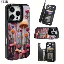 Fleece Mushroom Forest Language patterned, The practical TPU phone case with pattern design features a card slot and multiple functions such as bank cards and public transportation cards. It is suitable for iPhone16promax, 16 15pro 14PLUS, 13 12Pro - ブラック - チェックする 2
