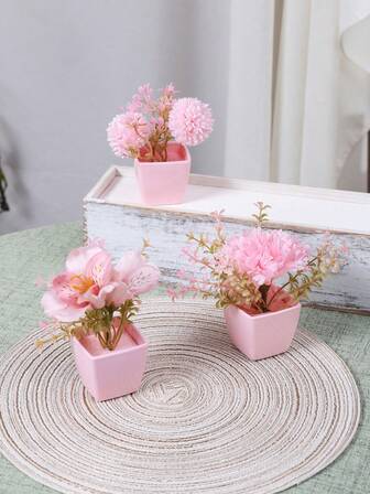 1pc/3pcs Realistic Mini Pink Potted Plant Set - Modern Home Living Room Dining Table Centerpiece Decor, Wedding Valentine's Day Proposal Party Decoration