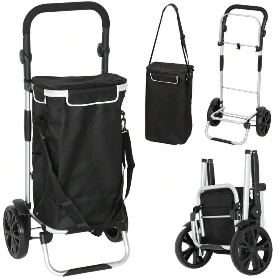 HOMCOM 3-In-1 Folding Shopping Trolley With 40L Capacity, Loadable Trolley Up To 25kg With Cooler Compartment, Black - 1 - 查看 1