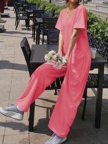Women's Casual Home Daily Jumpsuit, Jumpsuit, Workwear, Suitable For All Seasons, Minimalist Women's Clothing - 玫紅色 - 查看 5