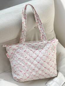 1pc Pink Bow Floral Elegant Casual Quilted One Shoulder Tote Bag, Large Capacity Shopping Bag, Suitable For Work Commute, Travel And Vacation Essentials, Makeup Cosmetic Organizer Bag, Can Hold Phone, Wallet, Sanitary Napkins, Keys, Notebook, Wired Earphones, Earbuds, Charger, Lipstick, Perfume, Skincare Products, Holiday Gift, Friend Gift - Multicolor - View 14