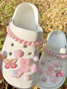 14pcs Shoe Accessories, Suitable For Hollow Sandals, Slippers, Garden Shoes, Beach Shoes, DIY Bowknot, Pink Bear, Heart Shape, Removable ABS Pearl Decorations, Ideal For Holiday And Birthday Gifts