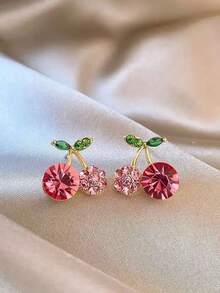 1 par de pendientes o clips para la oreja elegantes con cristales de cereza chapados en oro falso, adecuados para el uso diario o para citas - Multicolor - Ver 4