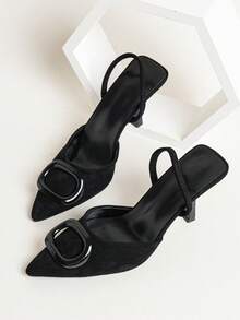 女士极简尖头金属扣装饰细高跟凉鞋，时尚性感露趾派对高跟鞋，适合夏季户外活动、派对、婚礼、情人节等场合。 - 黑色 - 查看 3