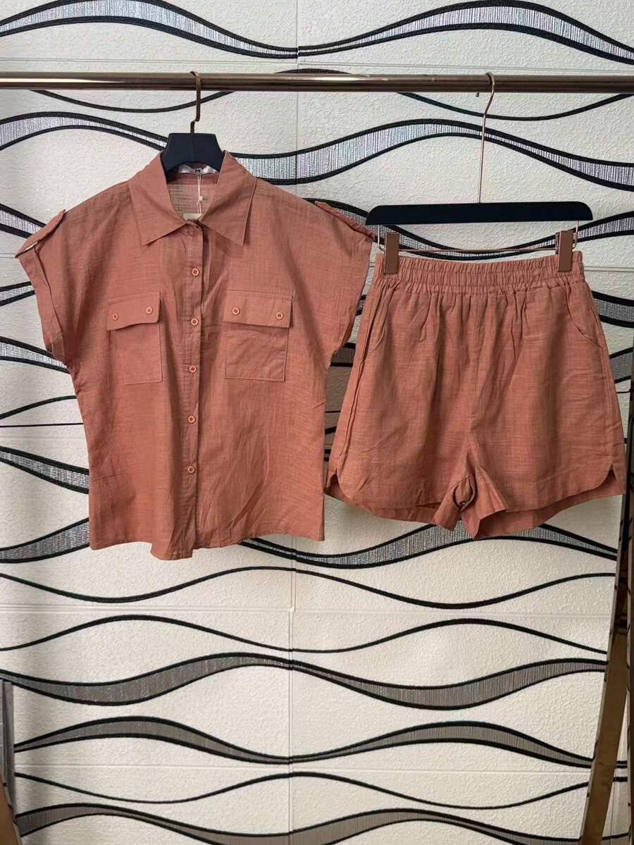 Women's Shirt And Shorts Set With Lining - Burnt Orange - View 1