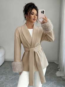 Women's Elegant Faux Fur Trim Tie-Front Collared Long Sleeve Woven Coat - Khaki - View 7
