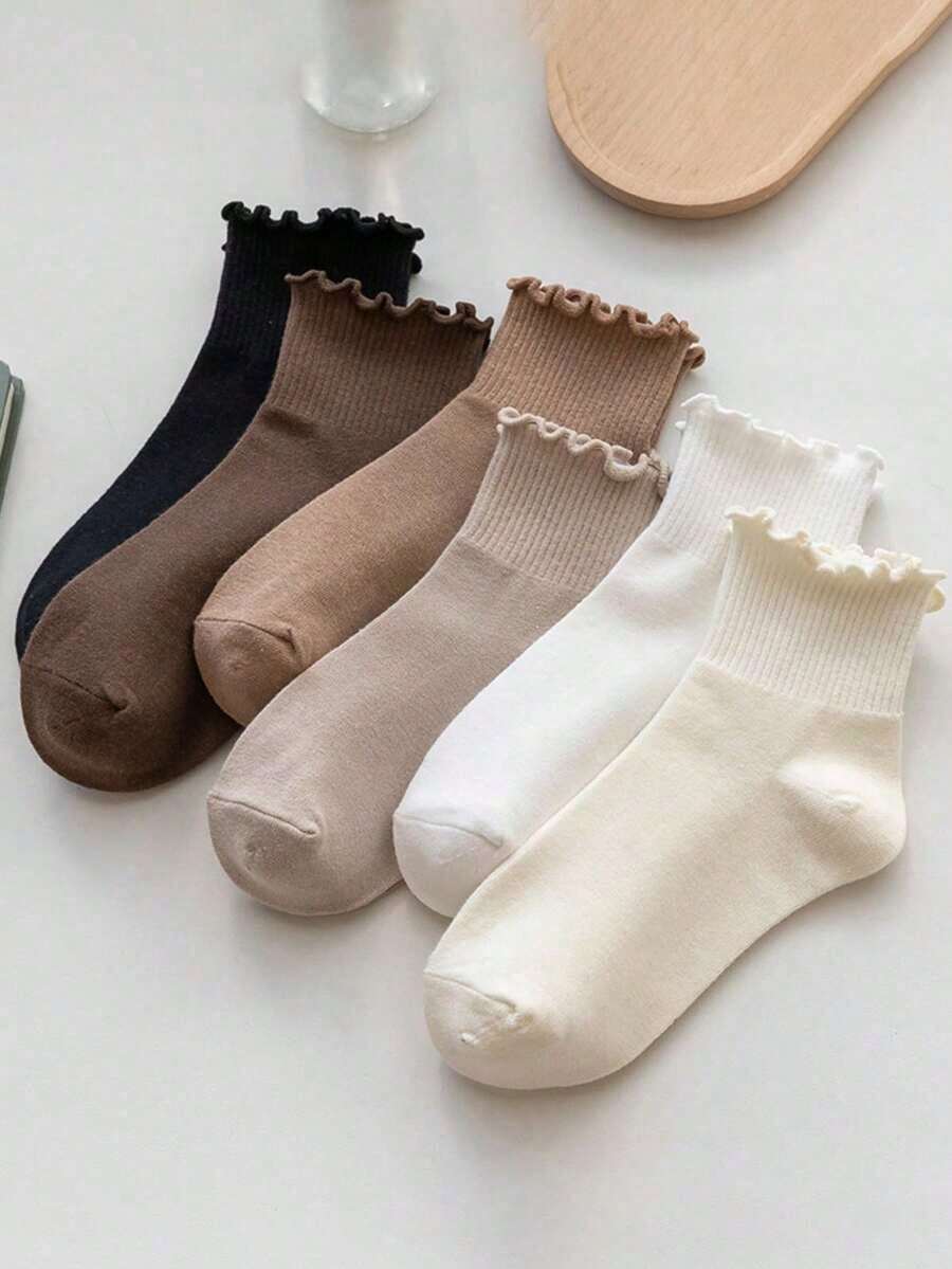 6 Pairs Women's Ruffle Trim Solid Color Socks, Soft & Comfortable, Suitable For Daily, Holiday, Outdoor Wear, All Seasons, Fall - Multicolor 2 - View 1