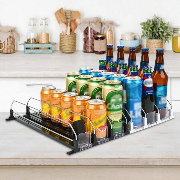 1/3/5 Set Beverage Storage Solution - Easy Glide Pusher & Propeller System, Double-Layer Partition & Secure Positioning Buckle For Fridge - Ideal For Soda Cans & Bottles, Kitchen & Desk Organization