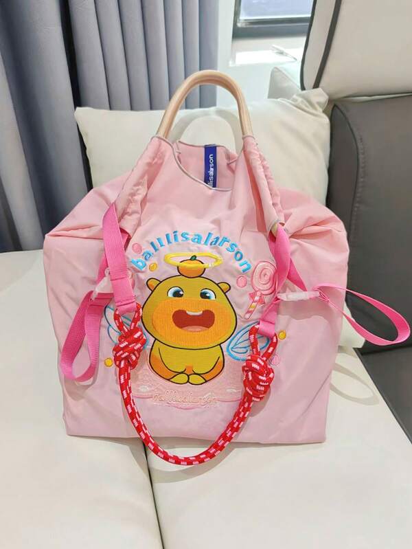 New Casual Fashion Embroidered Pattern Foldable Storage Shopping Bag, Large Capacity Suitable For Commuting, Shopping, Beach, Party, Handheld Or Shoulder Tote Bag