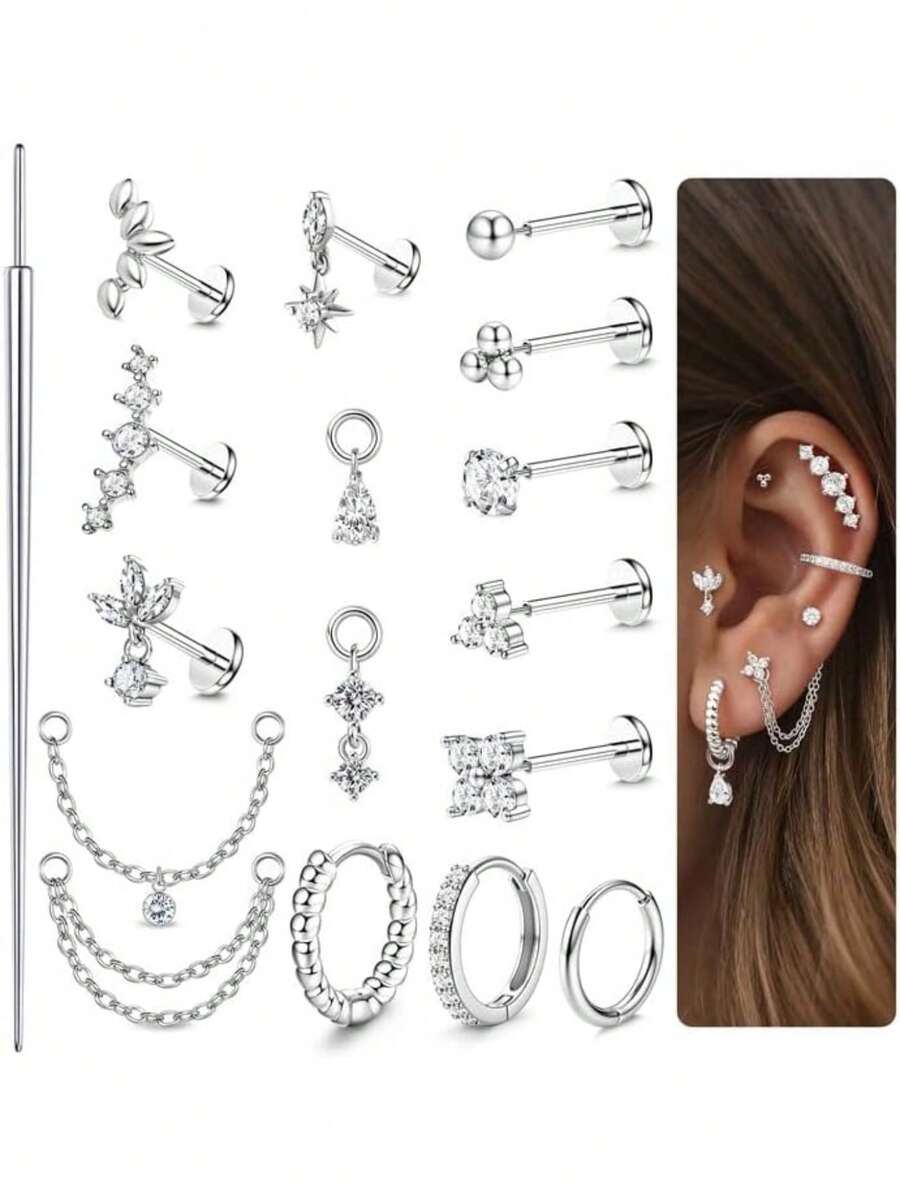 17Pcs 16G/18G/20G Threadless Flat Back Earrings 316L Surgical Steel Cartilage Earring Stacks Flatback Push In Nose Rings Studs Hypoallergenic Tragus Helix Conch Labret Medusa Piercing Jewelry - 款式1-銀色 - 查看 1