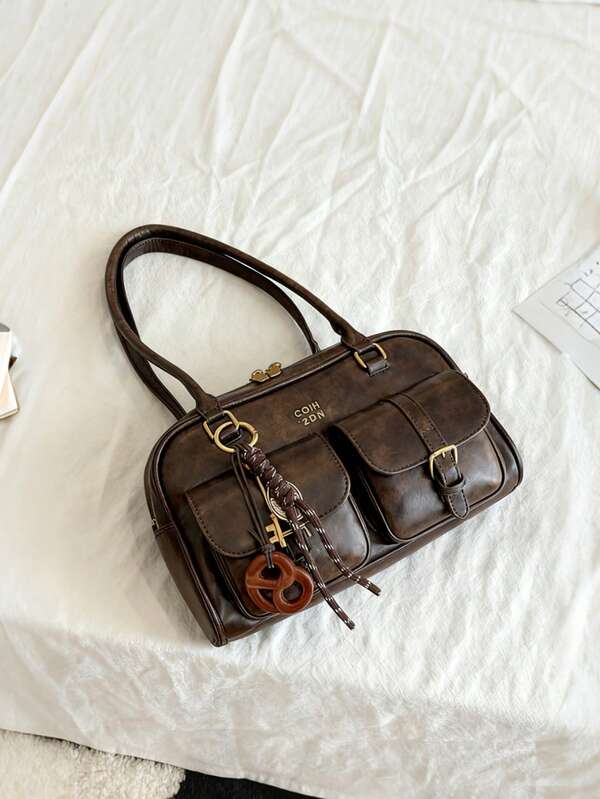 Fashion Classic Joker Solid Color Pu Waterproof Fabric, Letter Pattern Decoration Design, Multi-Pocket, Shell Bag, Shoulder Bag, Underarm Bag With Pendant Decoration Design, Suitable For Traveling And Shopping, Commuting To Work, Party, Date, And New Year Wear., Vintage Bag For Women, Street & Japanese Bag For Women