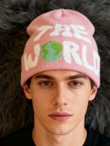 1pc These Men's Knit Beanies With "THE WORLD" Lettering And Earth Graphic Come In Multiple Colors, Offering A Stylish And Warm Design, Making Them Ideal Fashion-Forward Winter Headwear - Multicolor - View 9