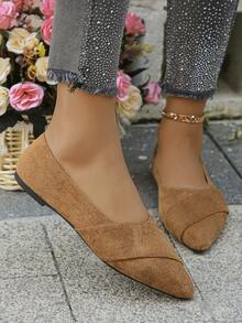 大码 35-45 码女士尖头米色平底鞋，新款秋季户外日常乐福鞋，棕色软底工作驾驶莫卡辛平底鞋 - 棕色絨面橫紋 - 查看 6