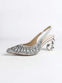 Women's High Heels. Pointed Toe, Fully Rhinestoned Upper, Elastic Strap At Back, Unique Heel Shape, Comfortable. Luxurious, Sparkling Rhinestones, Suitable For Parties, Gatherings, Balls, Shopping, Various Occasions And Festivals, Rhinestone Decorated Party Pumps