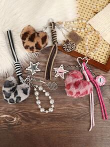1pc Purple Black Silver Artificial Leather Pentagonal Star Shape Keychain Set Bag Pendant- Cute & Edgy Multi-Element Keychains With Beaded Bracelet, Butterfly, Tennis Racket,Phone Strap - Stylish Accessories For Women To Decorate Keys & Bags - 玫紅色 - 查看 5