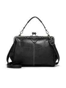 Women's Soft Vintage Leather Large Capacity Kisslock Portable Shoulder Crossbody Bag, Ladies Handbag, Phone Pouch, Clutch Purse, Spanish Style Party Evening Bag, Casual Versatile Birthday Gift, Detachable Strap, Affordable Price - Black - View 3