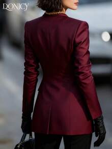 DONICY 女士复古优雅奢华翻领金属双排扣开衫，带衬里口袋，适合春夏商务、约会、购物、节日和派对等场合。 - 酒紅色 - 查看 3
