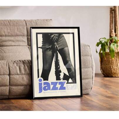 1幅复古波兰爵士海报，萨克斯音乐艺术印刷品，中世纪现代风格墙面装饰，黑白爵士艺术作品，极简主义墙面艺术海报帆布画墙面艺术房间家居装饰（无框）