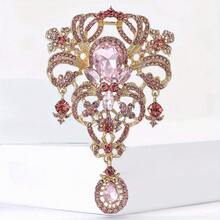 Gold-Tone Luxurious Pink Crystal Brooch With Intricate Vintage Design & Dangle Drop, Ornate Statement Pin For Formal Events & Gifting, Ideal For Retro Jewelry Enthusiasts - Pink - View 7