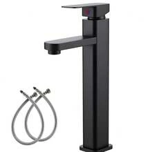 YC-HOGAR Grifo para lavabo moderno Grifo para baño moderno Grifo monomando para lavabo con 1 orificio, montaje sobre encimera, con mangueras de suministro de agua y desagüe automático ABS sin rebosadero, negro y plateado - Negro - Ver 9