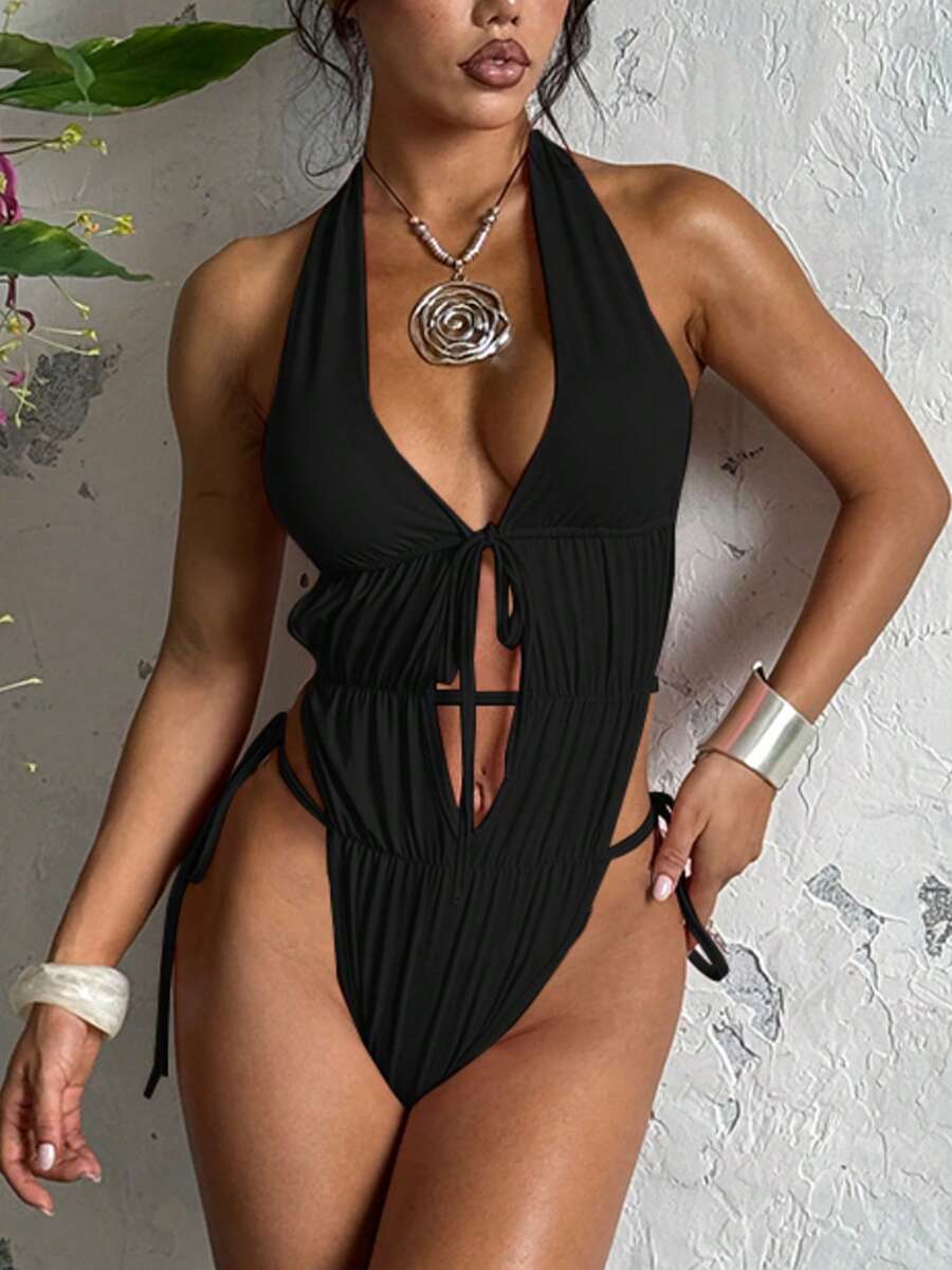 女士纯色露背打结无袖紧身衣，度假 - 黑色 - 查看 1