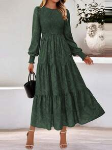 Women Floral Long Sleeve High Waist Polka Dot Smocked A-Line Flowy Boho Maxi Dresses Spring Fall Autumn Holiday Vacation Valentine Dress Outfits - 墨綠色花 - 查看 5