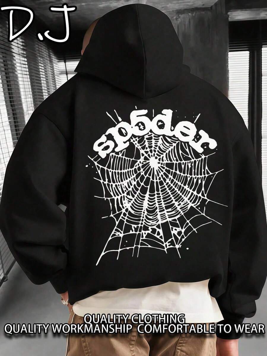 "SP5DER" Spider Web Hoodie For Men (250g Polyester) Men's Hoodie Is Suitable For Outdoor Sports And Is An Ideal Choice For Autumn And Winter Printing - 黑色 - 查看 1