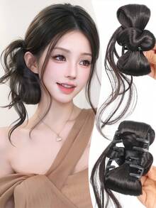 1个爪夹式蝴蝶结球头懒龙胡须花苞头鸡毛羽毛球头假发发髻一体式发饰自然发髻发圈假发袋 - 彩色 - 查看 3