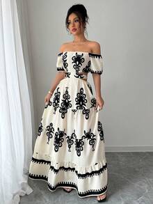 Women's Dresses, Printed Maxi Dress With Off-The-Shoulder And Waist Detail, Retro Resort-Style Dress With A Fitted Waist, Boho-Style Maxi Dress That Slims The Silhouette. - Màu be - Xem 13