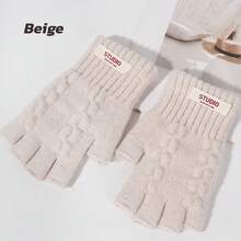 一双男女通用的保暖柔软冬季白色露指手套，高品质新款美利奴羊毛针织触屏手套，纯色设计，男士狩猎礼物，最佳男女圣诞礼物，弹性腕带 - B-25038 - 查看 10