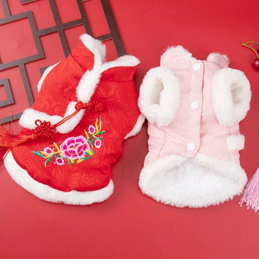 1pc Chinese Hanfu Tang Dynasty Style Dog Clothes, Chinese New Year Festive Dog/Cat Outfit, Suitable For Small Dogs And Cats - Red - View 1
