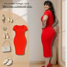 Vestido Midi Plus Size Acinturado Modelador Manga Curta - Vermelho - Visão 5
