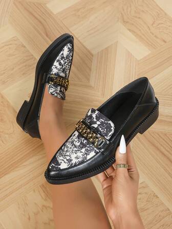 Dammode Loafers med grov klack, slip-on, spetsig tå, bekväma vardagsskor, preppy stil med spänne och rosett, lämplig för kontor, semester, utomhus, plusstorlek, vår/höst