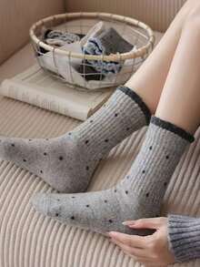 4 pares de calcetines casuales de estilo vintage con lunares y encaje, versátiles para otoño/invierno - Multicolor - Ver 6