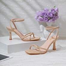 RIBONGZ Women's Heeled Sandals Square Open Toe Kitten Strappy Heels With Ankle Strap Elegant Summer Wedding Party Evening Prom Daily Wear Lace Up Dress ShoesChristmas - 裸體 - 查看 4