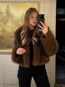 SHIBASHAN Winter Fashion Cropped Faux Fur Jacket Turn-Down Collar Long Sleeve Plush Warm Coat