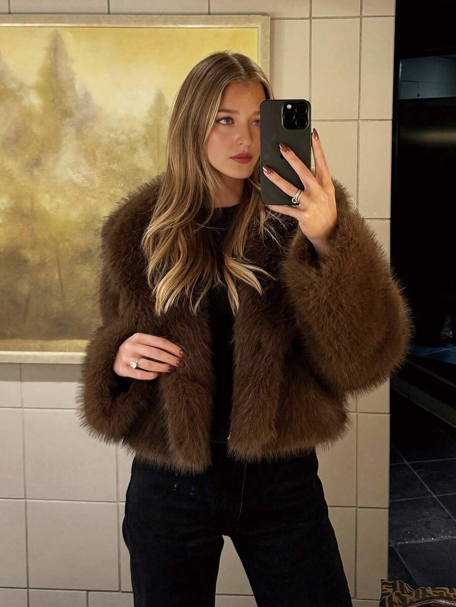 SHIBASHAN Winter Fashion Cropped Faux Fur Jacket Turn-Down Collar Long Sleeve Plush Warm Coat