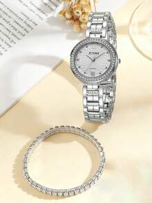 6pcs/Set Women's Quartz Watch Set, Fashion Luxury Versatile Rhinestone Square Dial Alloy Strap Roman Numeral, Rhinestone Jewelry, Suitable For Daily Matching, Birthday, Women's Gift, Anniversary, Year-End Promotion, Singles' Day, Halloween, Christmas Promotion, No Gift Box - Silver - View 5