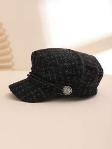 1顶女士纯色亮面格子编织超大贝雷帽，时尚优雅，适合休闲、购物、约会、通勤等场合。