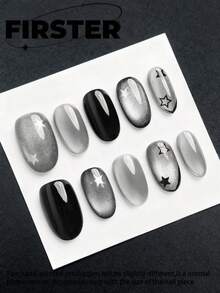 10件纯手工美甲，椭圆形美甲，黑色和银色猫眼设计美甲，星星图案甜美风格美甲，优雅简约的四季美甲，简约美甲，派对约会美甲，可拆卸可重复使用，日常美甲。按压式美甲，美甲用品，美甲