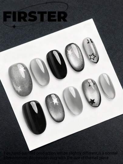 10件纯手工美甲，椭圆形美甲，黑色和银色猫眼设计美甲，星星图案甜美风格美甲，优雅简约的四季美甲，简约美甲，派对约会美甲，可拆卸可重复使用，日常美甲。按压式美甲，美甲用品，美甲