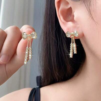 1 Pair Butterfly Crystal Diamond Earrings, Fashionable & Elegant Tassel Earrings, New Design Silver Needle