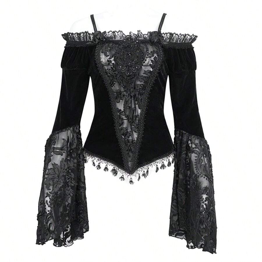 EVA LADY 1pc Gothic Style Velvet Lace Off-Shoulder Top, Retro Formal Outfit For Autumn/Winter - Black - View 1