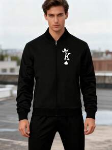 [Retro American Style] Poker King Crown Print Jacket. Retro Design, Crisp And Stylish Fabric. Men's Casual Baseball Jacket, Stand-Up Collar, Versatile Top, Jacket, Outerwear. - 黑色 - 查看 1